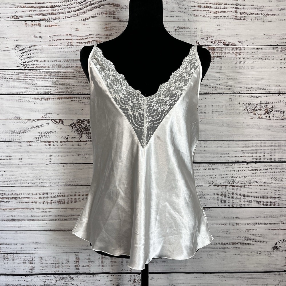 White Satin Slip Lace Trimmed Cami Tank Deep-V L Delicate Retro Feminine Angel